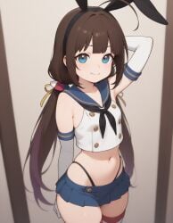 hinatsuru_ai brown_hair blue_eyes cosplay miniskirt crop_top exposed_belly slim_female slim_waist petite_female slutty_female slutty_body sexy pretty_girl beautiful_girl skinny_female temptation tempting_viewer long_socks bunny_ears thong white_skin gloves ai_generated