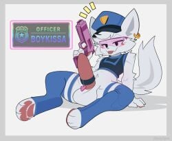 anthro boy_kisser_(meme) clothing crop_top domestic_cat ear_piercing felid feline felis femboy fur gun legwear male mammal meme officer_boykisser_(junoandmaxx) piercing police police_hat police_officer police_uniform ranged_weapon shirt solo stockings tongue tongue_out topwear uniform warden006 weapon white_body white_fur