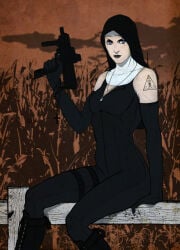 1girls 2013 2d 2d_(artwork) annoyed_expression armed armwear assassin bare_shoulders beautiful_woman black_armwear black_bodysuit black_boots blue_eyes bodysuit cornfield disinterested female_focus female_only femdom high_quality hitman hitman_absolution holding_gun holding_submachine_gun io-interactive louisa_cain low_res low_resolution lowres mature_female mature_woman necklace nun_outfit pinup shoulder_tattoo sitting sitting_female sitting_on_fence tomekkaz uninterested uninterested_female villainess