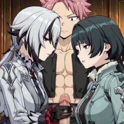natsu_dragneel fairy_tail arlecchino_(genshin_impact) genshin_impact jane_doe_(zenless_zone_zero) zenless_zone_zero ai_generated haremoverlord 2girls 1boy teasing handjob penis