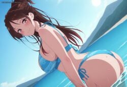 1girl ai_generated aimisaka ass bare_shoulders bikini blue_bikini blue_sky blush braid breasts brown_eyes brown_hair closed_mouth day dutch_angle from_side kanojo_okarishimasu large_breasts long_hair looking_at_viewer mizuhara_chizuru mountain mountainous_horizon ocean outdoors patreon_url patreon_username rent_a_girlfriend side-tie_bikini_bottom sideboob sky smile solo swimsuit uncensored wading water watermark wet