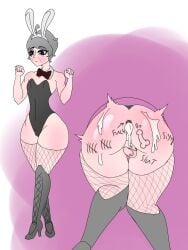 1boy ass_marks azamika343 ballsack blush bulge bunny_ears bunnysuit cum_in_ass cum_leaking cum_leaking_out_of_anus curvy_figure curvy_male dilf femboy grigoriy_(azamika343) mature_male original original_characters sissy slap_mark small_penis solo_male text_on_ass tiny_penis