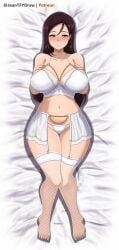 1girls artist_name barefoot blush bottomwear bra brown_eyes brown_hair dakimakura dakimakura_design female female_only fishnet fishnet_legwear fishnets full_body garter_belt garter_straps hair jeantfydraw lace lace-trimmed_bra lace-trimmed_panties lace-trimmed_thighhighs lace_trim legwear lingerie long_hair love_live! love_live!_sunshine!! mature mature_female mature_woman milf mother o-ring panties sakurauchi_riko's_mother smile solo solo_female thighhighs topwear white_bra white_panties