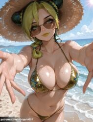 ai_generated arlequin097 jolyne_kujo jojo's_bizarre_adventure 1girl solo breasts looking_at_viewer smile large_breasts blonde_hair black_hair hat navel closed_mouth cleavage bare_shoulders green_eyes collarbone swimsuit braid multicolored_hair outdoors cowboy_shot bikini sky green_hair day cloud stomach hair_bun water two-tone_hair blue_sky wet lips shiny_skin double_bun makeup skindentation ocean halterneck beach sunglasses thigh_gap sunlight outstretched_arms foreshortening string_bikini braided_ponytail reaching brown_headwear sand straw_hat sun reaching_towards_viewer tinted_eyewear cone_hair_bun green_nails braided_bun spider_web_print looking_over_eyewear green_lips gold_bikini aviator_sunglasses