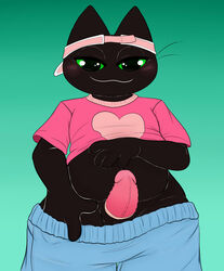 :3 alternate_form animal_genitalia anthro bedroom_eyes black_body black_fur blue_bottomwear blue_clothing blue_pants blush bottomwear cartoon_network clothing dilated_pupils domestic_cat erection felid feline felis fleshysack front_view fur genitals green_background green_sclera hand_on_own_stomach hat headgear headwear heart hi_res looking_at_viewer male mammal mao_mao:_heroes_of_pure_heart narrowed_eyes pants penis pink_clothing pink_shirt pink_topwear presenting presenting_penis seductive sheath sheriff_mao_mao_mao shirt simple_background smile solo solo_male standing topwear undressing