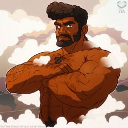 1boy 2024 bara censored chest_hair cloud convenient_censoring crossed_arms dark_skin fatal_fury gay king_of_fighters leomon32 macro male male_only marco_rodrigues muscular pubic_hair snk solo video_games yaoi