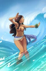 1girl anklet armpits artist_name avatar_the_last_airbender barefoot blue-ten blue_sarong blue_sky bracelet breasts brown_hair choker dancing dark-skinned_female dark_skin day edit flower functionally_nude functionally_nude_female hairless_pussy hula_dancer innie_pussy jewelry katara long_hair medium_breasts navel nekomate14 nekomate14_edited nipples nude ocean outdoors outstretched_arm polynesian pussy sarong skinny_dipping sky smile solo splashing tan tanlines thigh_gap topless tribal uncensored wading water waterbending watermark waves