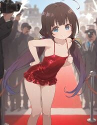 ai_generated bare_legs beautiful_girl blue_eyes brown_hair flat_chest focus_on_chest heavenly_body hinatsuru_ai long_hair petite_female pretty_girl red_carpet sexy short_dress slim_girl slim_waist slutty_dress slutty_female temptation tempting_viewer
