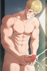 ai_generated ia_generated takeya_shima male gay homosexual homosexual_male gay_male 1boy blonde_hair brown_eyes bara muscular muscular_male muscles huge_cock huge_penis penis erect_penis erection erect_cock big_penis ejaculation ejaculating_cum cum