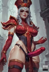 1girls ai_generated armor breasts closed_mouth cowboy_shot dildo elbow_gloves facial_mark fingernails futanari gem gloves grey_hair hair_between_eyes hat large_breasts leotard long_hair looking_at_viewer makeup pauldrons pelvic_curtain penis philon presenting_strap-on red_dildo red_eyes red_gemstone red_gloves red_headwear red_lips red_strap-on red_thighhighs sally_whitemane sex_toy sharp_fingernails shoulder_armor skindentation smile solo stable_diffusion standing strap-on strap-on_dildo thigh_strap thighhighs white_hair world_of_warcraft