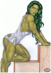 1girls ass big_ass female green_hair green_skin marvel muscular muscular_female rudimar_patrocinio she-hulk solo traditional_media_(artwork)