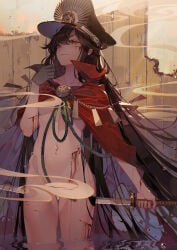 1girl blood brown_hair cape chain convenient_censoring cuts fate/grand_order fate_(series) female_focus hat injury katana long_hair looking_at_viewer naked_cape navel nude oda_nobunaga_(fate) oda_nobunaga_(koha-ace) partially_submerged red_eyes reflection smirk smoke smoke_censor solo standing sword very_long_hair wading water weapon