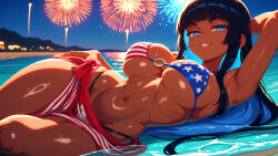 orginal_character minokai ai_generated patreon no_watermark self_upload 1girl breasts swimsuit bikini fireworks solo flag_print large_breasts black_hair navel lying dark_skin american_flag_bikini looking_at_viewer long_hair dark-skinned_female on_side smile blue_eyes armpits arm_behind_head outdoors multicolored_hair highleg_bikini water night colored_inner_hair highleg beach blunt_bangs wet blue_hair two-tone_hair o-ring arm_up parted_lips sky underboob o-ring_bikini mole stomach american_flag