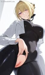 ai_generated artist_name black_latex blonde_hair blush bodysuit_aside dripping_pussy evelyn_chevalier explicit_pussy female gloves large_breasts latex_suit long_hair looking_at_viewer nipples nude open_jacket purple_eyes pussy_juice shineinsfw shiny_skin smile solo sweat wet_skin white_jacket zenless_zone_zero