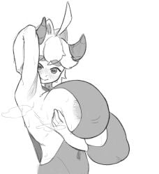areol arm_up armpits blush clothed clothed_female eira_woolcott ewe heavy_sweating horns indie_virtual_youtuber large_breasts looking_at_viewer monochrome nipple_slip nipples_visible_through_clothing sheep sheep_ears sheep_girl sheep_horns sideboob steam stuffedidiot sweat unusual_eyes virtual_youtuber vtuber