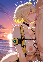 elegg_(nikke) elegg_(boom_and_shock)_(nikke) beach goddess_of_victory:_nikke miyuai ai_generated ai_assisted thick_thighs thick_ass thick thick_legs thick_hips thick_butt wide_hips wide_thighs voluptuous voluptuous_female curvy curvy_figure curvaceous curvy_female female breasts rating:explicit oral fellatio 1girl nipples blonde_hair penis hetero short_hair 1boy large_breasts sky solo_focus heart cum choker swimsuit collarbone ahoge bangs ocean sunset cum_on_body blush eyebrows_visible_through_hair purple_eyes deepthroat cloud bikini bare_shoulders censored star_(symbol)