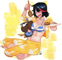 l4wless matoi_ryuuko kill_la_kill guts_(kill_la_kill) eating pajamas pajama_pants pajama_shirt belly navel tomboy blue_eyes blush medium_hair big_breasts breasts lingerie bra tongue_out tongue open_mouth simple_background black_hair red_hair two-tone_hair feet censored