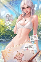 2boys 2d 3girls bathing black_hair bra braid breasts cd_projekt_red ciri embarrassed_expression embarrassed_female english_text female freckles freckles_on_face geralt_of_rivia green_eyes jaskier_(the_witcher) light-skinned_female light_skin mascara outdoors painting prywinko red_hair river scar smiling swimsuit text the_witcher_(series) the_witcher_4 triss_merigold voyeur voyeurism wet_body white_hair witcher_medallion yennefer