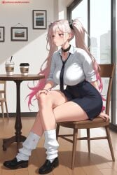 kiraamane ai_generated patreon seductive sexy uncensored watermark hi_res high_quality high_resolution jackal_(nikke) exotic_(nikke) sitting 1girl long_hair breasts shoes very_long_hair choker black_footwear skirt white_legwear twintails white_shirt indoors chair desk necktie socks nail_polish blush crossed_legs shirt red_eyes loafers black_skirt looking_at_viewer black_choker large_breasts black_neckwear solo bangs cup hair_between_eyes alternate_costume disposable_cup