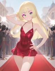 ai_generated bare_legs beautiful_girl blonde_female flat_chest green_eyes heavenly_body lillie_(pokemon) long_hair petite_female pretty_girl red_carpet sexy short_dress slim_girl slim_waist slutty_dress slutty_female temptation tempting_viewer
