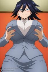 1female 1girls 2026 ai_generated artist_name big_ass big_breasts black_hair blue_eyes blush boku_no_hero_academia breasts curvy female female_only formal glasses grabbing_own_breast hair_between_eyes hi_res high_quality high_resolution highres huge_ass huge_breasts jacket large_breasts looking_at_viewer mature_female midnight_(my_hero_academia) mole mole_under_eye my_hero_academia nemuri_kayama patreon patreon_username shirt skirt smile solo suit unjobdespiert watermark