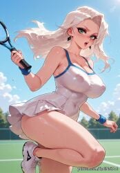 1girl 2026 ai_generated anime bare_shoulders black_cat_(marvel) blush boobs breasts cleavage covered_navel covered_nipples crossover day dress earrings eye_contact felicia_hardy female female_focus flushed green_eyes highres holding huge_breasts jewelry large_breasts long_hair looking_at_viewer marvel marvel_comics marvel_rivals moaning nsfw open_mouth outdoors patreon racket rognezart see-through shoes sky sneakers solo sportswear sweat sweaty tennis_racket tennis_uniform thick_thighs thighs very_long_hair white_hair wristband