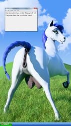 absurd_res blur_hair crotch_breasts dialogue equid equine female feral fur grass green_eyes hi_res horse looking_at_viewer looking_back looking_back_at_viewer mammal microsoft microsoft_windows operating_system outside plant solo text white_body white_fur whorse_3d windows_xp
