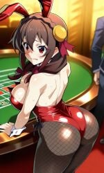 23afterhours big_breasts big_ass curvy curvy_figure curvy_female casino bunnysuit bunny_girl bunny_ears yunyun_(konosuba) embarrassed embarrassed_female embarrassed_expression ai_generated ai_art red_bunnysuit fishnet_pantyhose leaning_on_object backview brown_hair