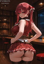 vantawaifu ai_generated houshou_marine hololive hololive_japan 1girl clothing female marine_ch. houshou_marine_(1st_costume) red_eyes red_hair virtual_youtuber heterochromia twintails solo yellow_eyes breasts long_hair skirt looking_at_viewer thighhighs looking_back ass leotard legwear large_breasts sleeveless_jacket underwear bar_stool from_behind red_jacket smile jacket black_clothes cropped_jacket panties black_legwear hair_ribbon ribbon red_skirt indoors pleated_skirt hands_on_own_hips thighs black_thighhighs leotard_under_clothes miniskirt sleeveless bare_shoulders bar_(place) closed_mouth red_ribbon cup frilled_choker hanging_light alcohol red_ascot stool ascot black_panties underbutt ceiling_light drinking_glass night belt counter blush blurry_background bare_arms bottle back lace_trim brown_belt