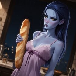 adorable ai_assisted ai_generated annoyed annoyed_face baguette cute erect_nipples flushed holding_baguette lace nightgown nightwear ragen ragen_nsfw seductive shy widowmaker