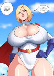 1girl ass_visible_through_thighs belt blonde_hair blue_eyes blue_gloves breasts cape caught_staring cleavage_cutout clothing_cutout curvy dc dc_comics english_text from_below gloves highres huge_breasts leotard medium_hair my_eyes_are_up_here parvad parvad92 power_girl red_cape sky solo speech_bubble superman_(series) thick_thighs thighs venus_body wide_hips