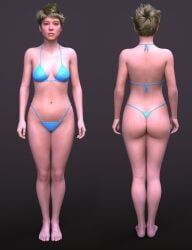 1girls 3d bikini blonde_hair blue_bikini daz_studio death_stranding death_stranding_2:_on_the_beach female female_only fragile_(death_stranding) front_and_back full_body short-haired_female short_hair solo stormlux18 swimsuit thong_bikini