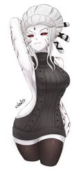 1girls black_clothes black_sclera cslucaris female female_only grey_hair grey_skin hands_behind_head leggings looking_at_viewer milf monster_girl pale_skin red_eyes rwby salem_(rwby) short_hair solo solo_female thighhighs virgin_killer_sweater white_hair