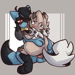 andromorph blush blush_lines dragunsnack duo feral freckles french_kissing generation_4_pokemon generation_7_pokemon genitals intersex kissing knot knotted_penis lidded_eyes male nintendo penis pokemon pokemon_(species) riolu rockruff rowan_(dragunsnack) scarf