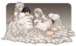 1boy 2girls ass black_hair blush breasts dorome goo goo_girl gray_eyes gray_hair handjob magnifire monster_girl monster_girl_encyclopedia open_mouth penis pointy_ears sex short_hair silver_skin slime slime_girl slime_vore threesome vore