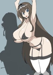 1girl 2026 before_and_after before_transformation big_ass big_ass_(female) big_breasts big_butt black_bra black_lingerie blue_eyes bra breasts breasts_bigger_than_head brown_hair code_geass code_geass:_lost_stories dorse grey_background hands_up hi_res highres huge_breasts human implied_transformation large_breasts legwear lingerie long_hair looking_at_viewer maid maid_outfit maid_uniform maya_disel nikujuu_uc nipple_bulge nipples nipples_visible_through_clothing open_mouth partially_clothed queen's_stallion restrained silhouette silhouetted_body simple_background solo solo_female solo_focus stockings thick_thighs transformation voluptuous white_stockings