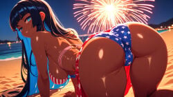 1girl ai_generated all_fours american_flag_bikini ass bare_shoulders beach bikini black_hair blue_eyes blue_hair blunt_bangs breasts colored_inner_hair dark-skinned_female dark_skin fireworks flag_print from_behind hime_cut large_breasts long_hair looking_at_viewer looking_back minokai multicolored_hair night no_watermark o-ring ocean orginal_character outdoors parted_lips patreon self_upload shiny_skin sideboob sky smile solo swimsuit thighs two-tone_hair water