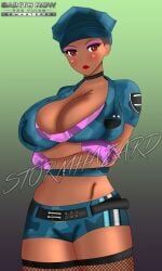 1girl 1girls 2d 2d_(artwork) 2d_artwork absurd_res absurd_resolution absurdres beautiful_woman belly belted_shorts beltshorts blush blushing_female booty_shorts breasts_bigger_than_head cleavage crossed_arms disinterested emotionless_female expressionless female_focus female_only femsub fishnet_legwear fishnet_stockings fishnet_thighhighs fishnets high_quality high_resolution highres huge_breasts logo massive_breasts mature_woman melissa_(saints_row) navel pink_bikini_top pink_gloves pinup police_uniform posing red_eyes red_lipstick saints_row saints_row_the_third short_shorts shorts standing stormhazard stripper tomboyish unbothered uninterested uninterested_female voluptuous_female voluptuous_woman watermark wide_hips