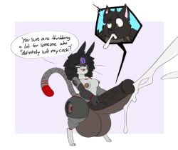 anthro balls big_balls big_penis bodily_fluids breasts cock_transformation cum cum_in_mouth cum_inside cumshot dialogue digital_drawing_(artwork) digital_media_(artwork) digitigrade domestic_cat ejaculation english_text felid feline felis genital_fluids genitals gynomorph highlights_(coloring) intersex jason_markova machine mammal nipples nude open_mouth penis purple_highlights robertge robot shortstack simple_background smile solo solo_futa standing tail text transformation werecock whiskers