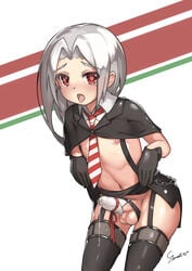 1boy artist_name black_gloves black_legwear blush bow chains dripping femboy girly gloves heart heart-shaped_pupils highres necktie nipples open_mouth penis precum precum_drip precum_through_clothing red_eyes solo stmaster striped symbol-shaped_pupils tears testicles thighhighs tongue tongue_out vittorio_veneto_(zhan_jian_shao_nyu) white_hair zhan_jian_shao_nyu