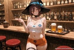 reze_(chainsaw_man) chainsaw_man ai_generated kermixx 1girl solo breasts looking_at_viewer blush smile short_hair bangs large_breasts black_hair thighhighs hat bow navel cleavage hair_between_eyes bare_shoulders sitting nipples green_eyes collarbone cowboy_shot shorts choker midriff indoors hand_up stomach hair_bun grin covered_nipples cup crop_top wet see-through short_shorts black_headwear no_bra witch_hat black_choker blue_bow single_hair_bun tank_top bottle hat_bow fishnets wet_clothes alcohol tray arm_behind_back mug name_tag waitress wet_shirt stool beer beer_mug bar orange_shorts counter bar_stool