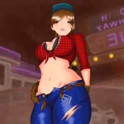 1girls 2d 2d_(artwork) 2d_artwork abigail_briarton absurd_res absurd_resolution absurdres apocalypse beautiful_woman belly belt belted_jeans black_bra blush blushing_female brown-haired_female brown_eyes call_of_duty call_of_duty_black_ops_2 cap cleavage disinterested emotionless emotionless_female expressionless female female_focus female_only femsub high_quality high_resolution highres huge_breasts hz0o0 jeans leather_gloves massive_breasts mature_female mature_woman navel neon_sign pink_lipstick pinup short-haired_female standing text tight_jeans unbothered uncaring uncaring_female underboob uninterested uninterested_female wide_hips