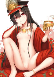 1girls alcohol anklet asahashi_tsuyu barefoot black_hair breasts cape censored cleft_of_venus cloak closed_mouth crest cup family_crest fate_(series) feet female_focus flower hair_between_eyes hat highres holding holding_cup jewelry koha-ace long_hair looking_at_viewer military_hat mosaic_censoring naked_cape nipples nude oda_nobunaga_(fate) oda_nobunaga_(koha-ace) peaked_cap petals pussy red_eyes red_flower sitting skull small_breasts smile solo thighs tsurime very_long_hair