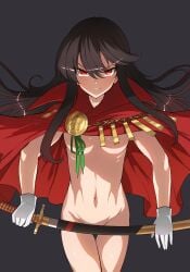>:) 1girl black_background blush breasts cape closed_mouth convenient_censoring fate/grand_order fate_(series) female_focus gloves groin hair_between_eyes holding holding_sword holding_weapon k_jin katana long_hair looking_at_viewer medium_breasts naked_cape navel nude oda_nobunaga_(fate) oda_nobunaga_(koha-ace) red_cape red_eyes serious sheath sheathed simple_background solo stomach sword thigh_gap tsurime underboob v-shaped_eyebrows very_long_hair weapon white_gloves