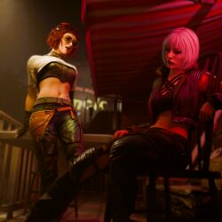 2girls belly belly_button dbd dead_by_daylight glasses leaning leaning_back makeup mikaela_reid nea_karlsson night outside red_hair salet3d saltyu short_hair street techwear white_hair