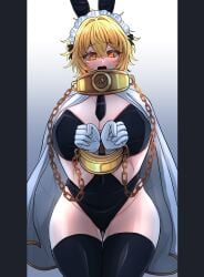 1girl animal_ears bbambi big_breasts black_necktie black_thighhighs blonde_hair blush breasts cape chain chained chained_wrists cleavage cuffs don_quixote_(limbus_company) fake_animal_ears gloves gold_collar highres index_(identity)_(project_moon) index_don_quixote large_breasts leotard limbus_company looking_at_viewer maid_headdress necktie playboy_bunny project_moon rabbit_ears shy solo strapless strapless_leotard thighhighs yellow_eyes