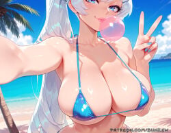 weiss_schnee rwby sexy bikini smile breasts breasts_out small_bikini tiny_bikini bubble_gum blue_eyes white_hair solo solo_focus solo_female bunilew 1girl 1girls large_breasts female focus blush nipples pussy ai_generated uncensored