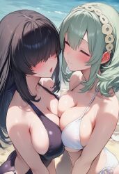 2girls ai_generated beach bikini blue_eyes blush breasts breasts_pressed_against_another breasts_to_breasts female female_only freeze_(artist) kakure_meme looking_at_viewer navel nemui_nemu purple_eyes sitting smile smiling_at_viewer twintails yuri