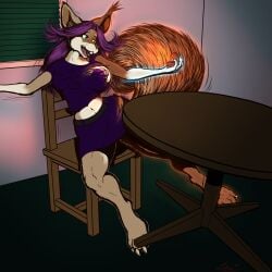 anthro breast_expansion breasts buckteeth butt butt_expansion canid canine canis clothing coyote expansion hair hi_res hip_expansion katrice_metaluna leksi_(artist) long_hair mammal nipple_slip rodent sciurid species_transformation surprised teeth torn_clothing transformation tree_squirrel
