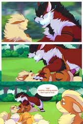 2016 alternate_color arcanine bunnyonthefence comic english_text group growlithe nintendo outside penis pokemon pokemon_(species) speech_bubble text video_games